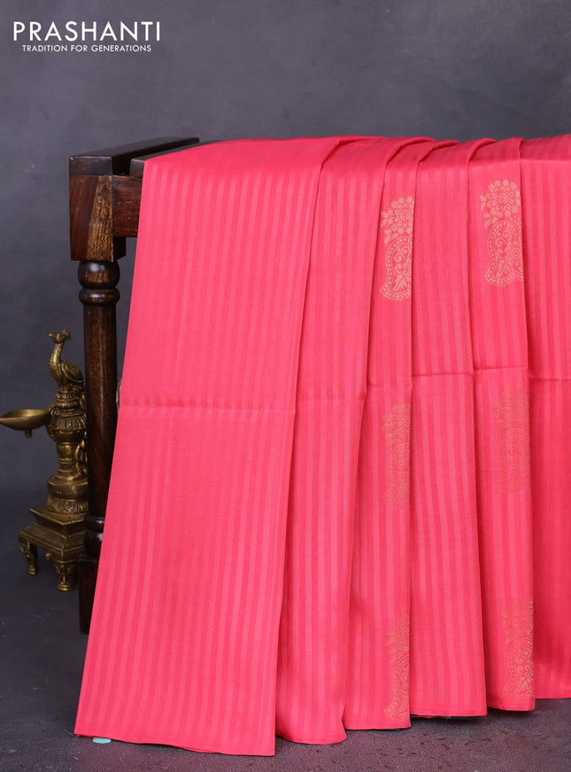 Kanchipuram soft silk saree peach pink and green with stripes pattern & zari buttas in borderless style