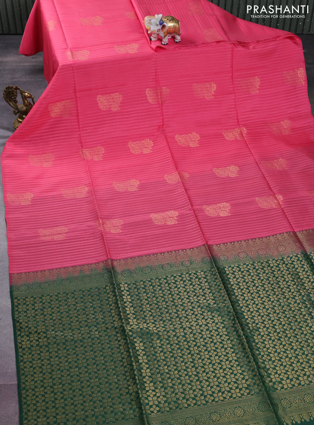 Kanchipuram soft silk saree peach pink and green with stripes pattern & zari buttas in borderless style