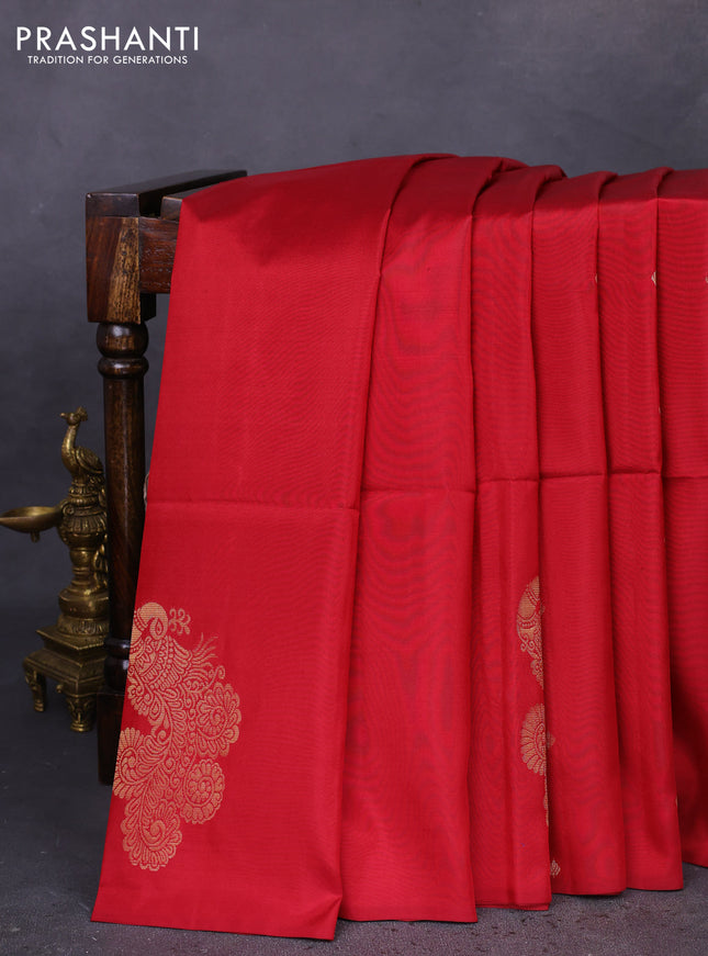 Kanchipuram soft silk saree maroon with zari woven buttas in borderless style