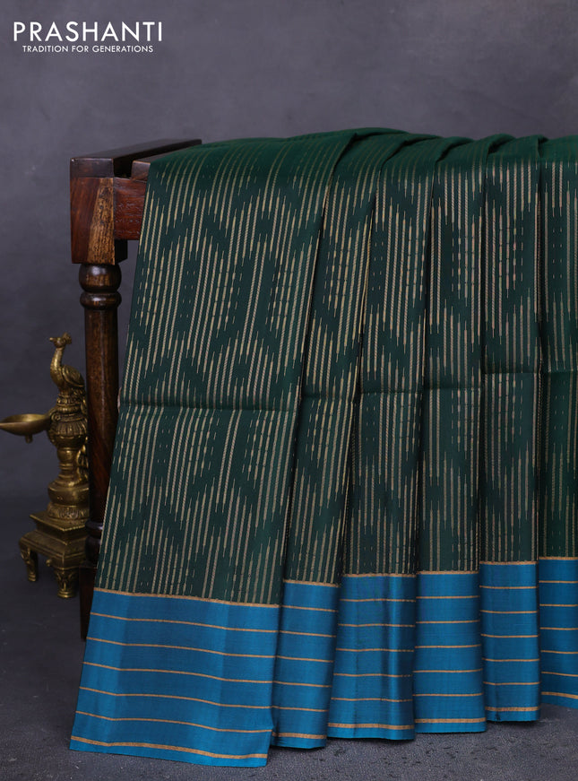 Kanchipuram soft silk saree dark green and teal blue with allover zari weaves in borderless style