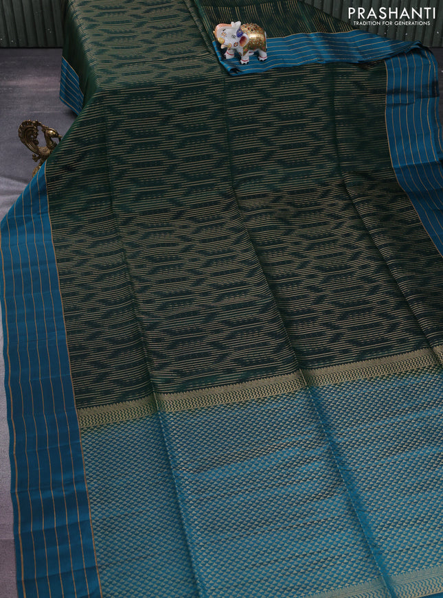 Kanchipuram soft silk saree dark green and teal blue with allover zari weaves in borderless style
