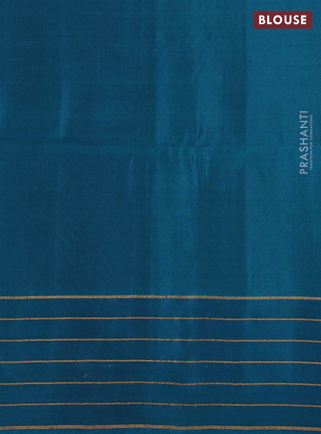 Kanchipuram soft silk saree dark green and teal blue with allover zari weaves in borderless style