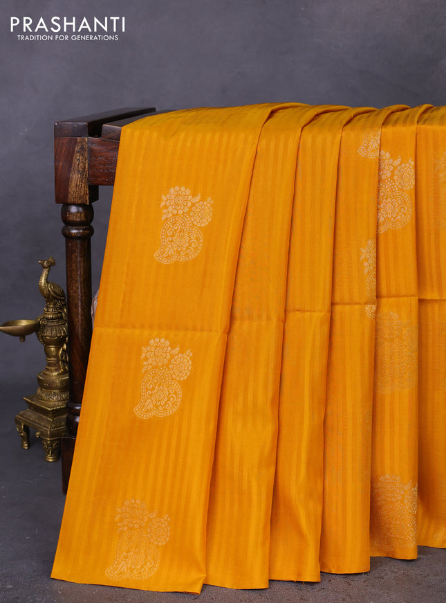 Kanchipuram soft silk saree mustard yellow and green with stripes pattern & zari buttas in borderless style