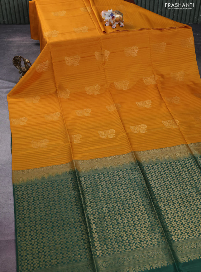 Kanchipuram soft silk saree mustard yellow and green with stripes pattern & zari buttas in borderless style