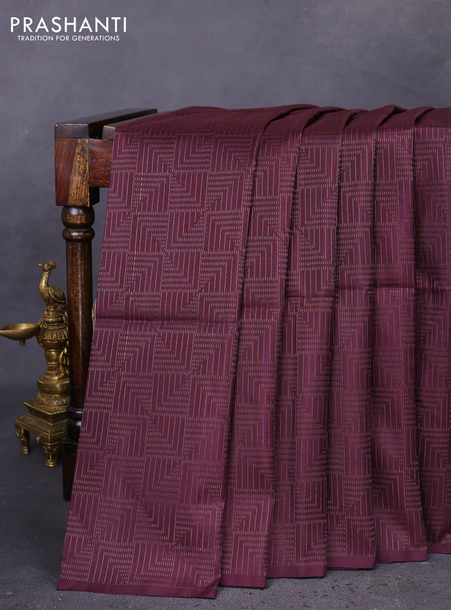 Kanchipuram soft silk saree deep jamun with allover zari weaves in borderless style