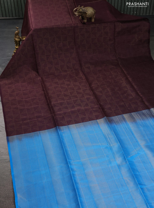 Kanchipuram soft silk saree deep jamun with allover zari weaves in borderless style