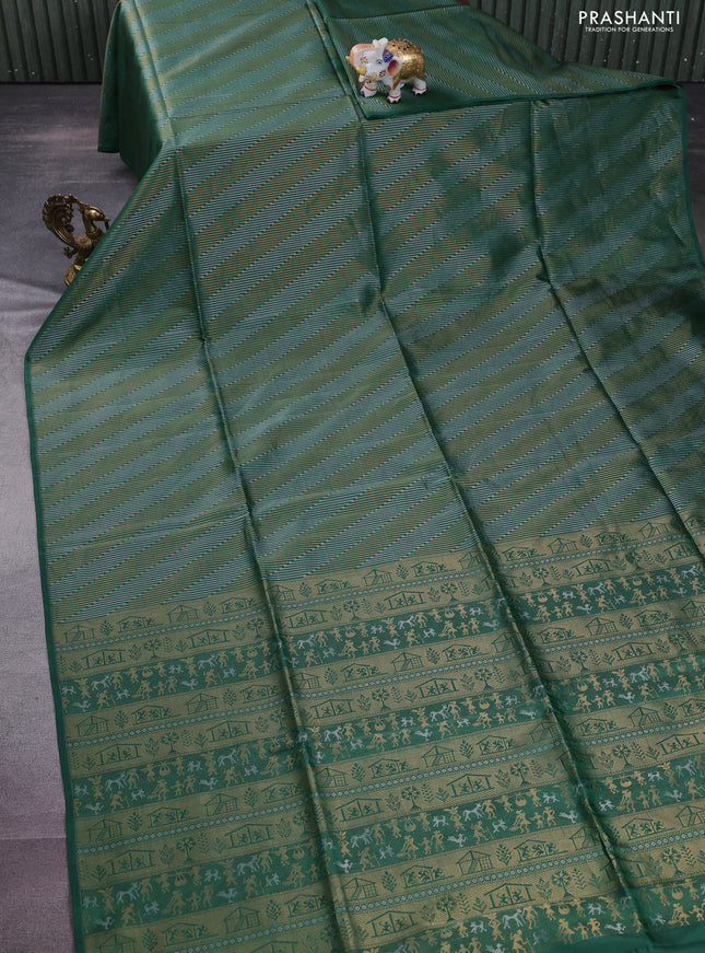 Kanchipuram soft silk saree green with allover silver & gold zari weaves in borderless style