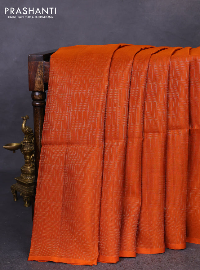 Kanchipuram soft silk saree orange and cs blue with allover zari weaves in borderless style