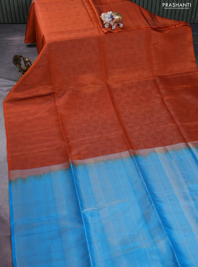 Kanchipuram soft silk saree orange and cs blue with allover zari weaves in borderless style