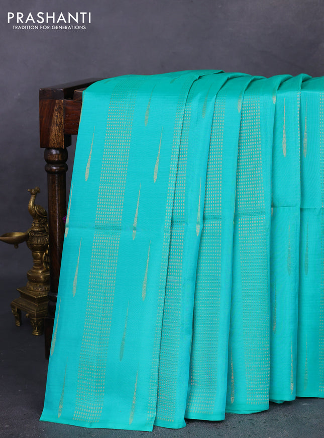 Kanchipuram soft silk saree teal green and purple with allover zari weaves in borderless style