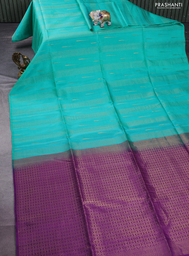 Kanchipuram soft silk saree teal green and purple with allover zari weaves in borderless style