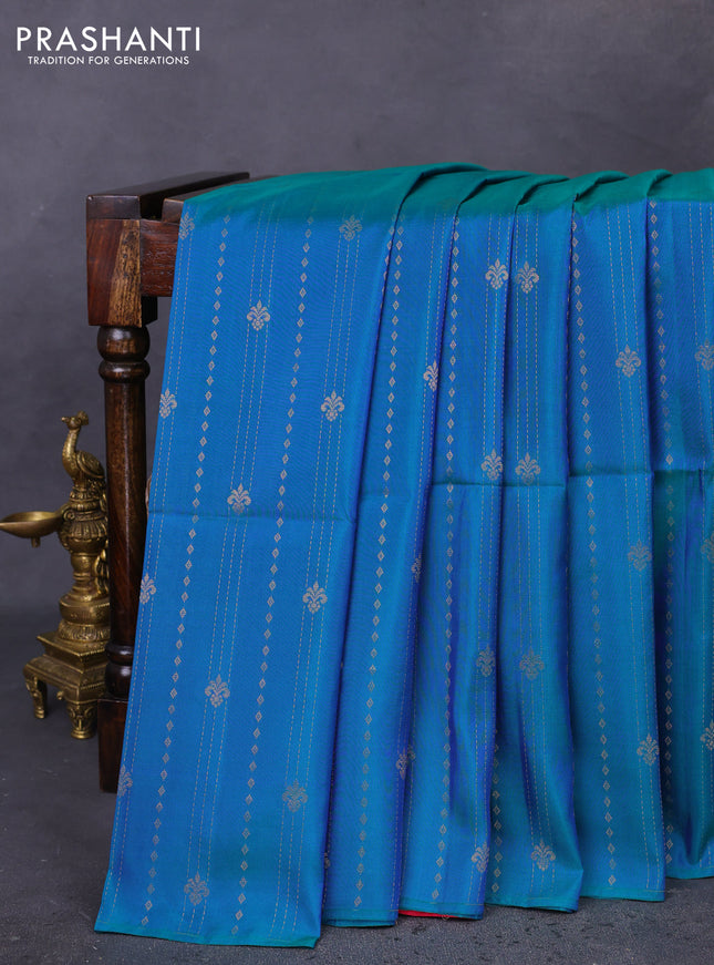 Kanchipuram soft silk saree dual shade of teal blue and pink with allover zari weaves in borderless style