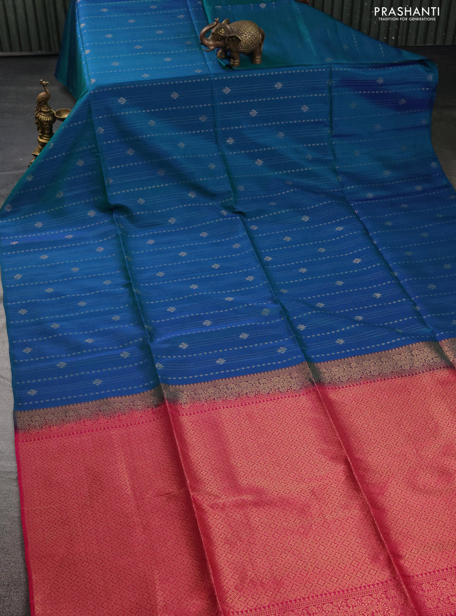 Kanchipuram soft silk saree dual shade of teal blue and pink with allover zari weaves in borderless style