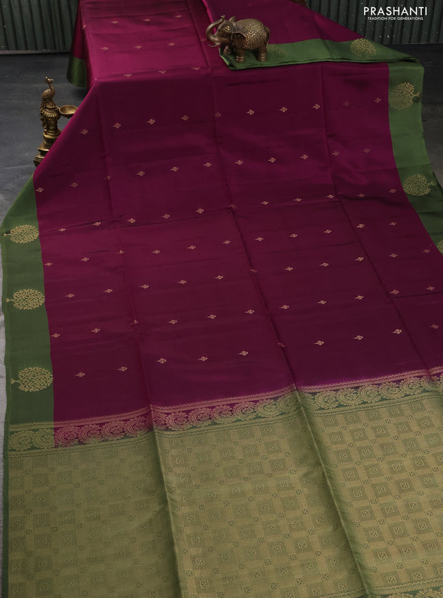 Kanchipuram soft silk saree purple and pastel green with zari woven buttas and zari woven butta border