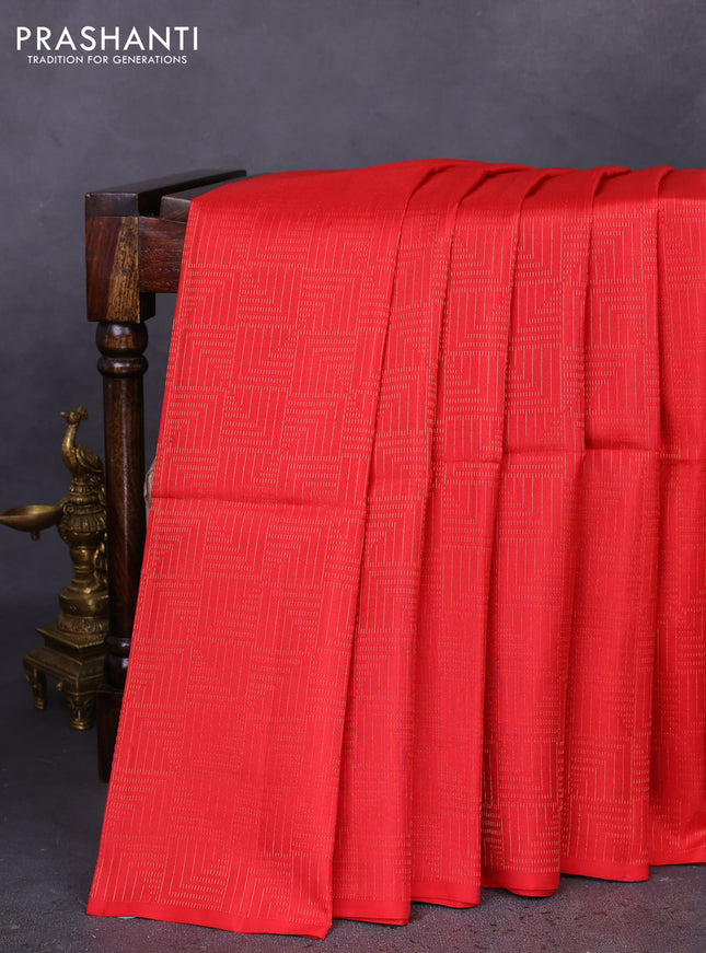 Kanchipuram soft silk saree red and cs blue with allover zari weaves in borderless style