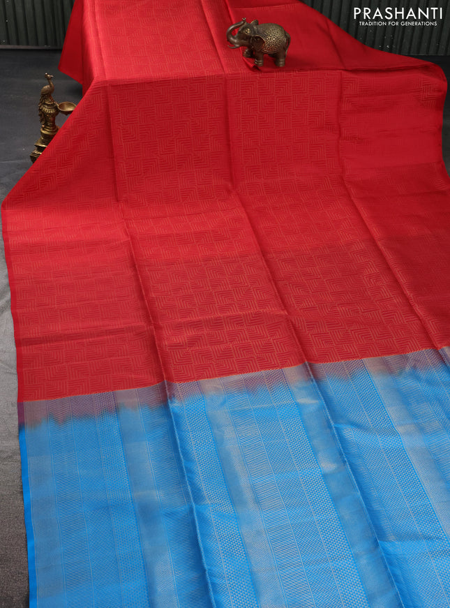 Kanchipuram soft silk saree red and cs blue with allover zari weaves in borderless style