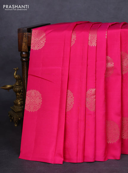 Kanchipuram silk saree pink and mustard yellow with zari woven buttas in borderless style