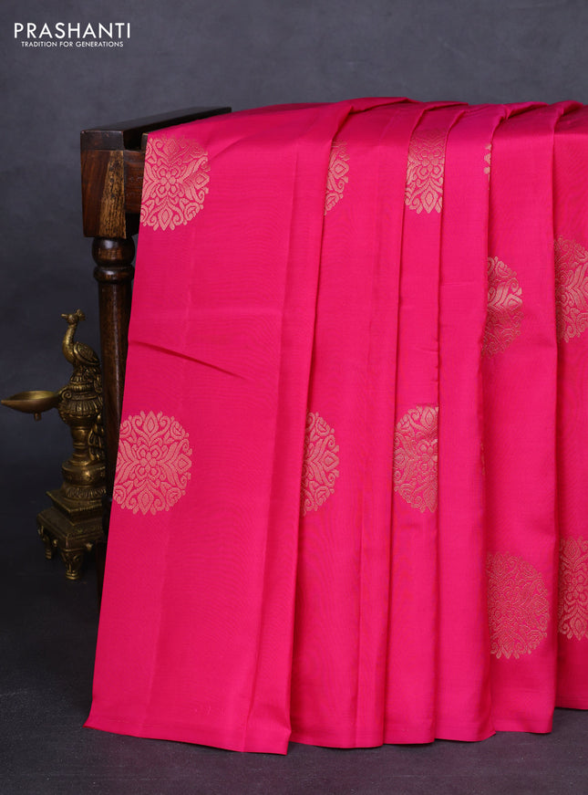 Kanchipuram silk saree pink and mustard yellow with zari woven buttas in borderless style