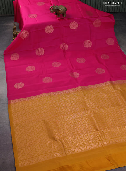 Kanchipuram silk saree pink and mustard yellow with zari woven buttas in borderless style