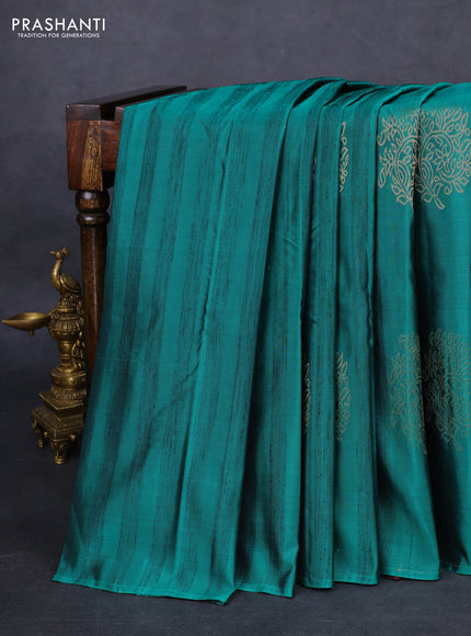 Kanchipuram silk saree teal green and wine shade with zari woven buttas & jute finish in borderless style