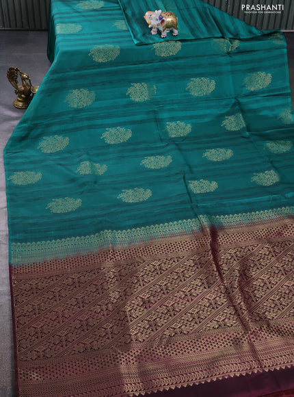 Kanchipuram silk saree teal green and wine shade with zari woven buttas & jute finish in borderless style