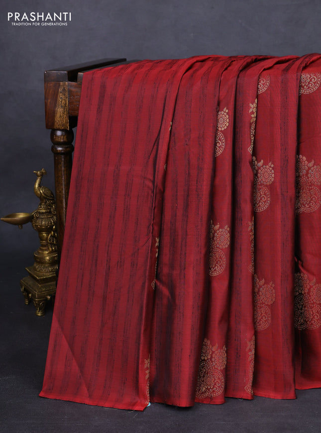 Kanchipuram silk saree maroon and green with zari woven buttas & jute finish in borderless style