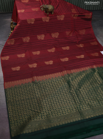 Kanchipuram silk saree maroon and green with zari woven buttas & jute finish in borderless style