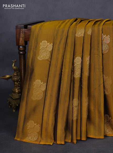 Kanchipuram silk saree mustard shade and bottle green with zari woven buttas & jute finish in borderless style