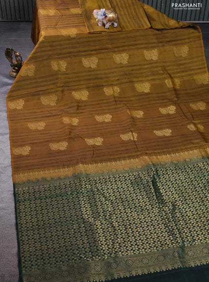 Kanchipuram silk saree mustard shade and bottle green with zari woven buttas & jute finish in borderless style