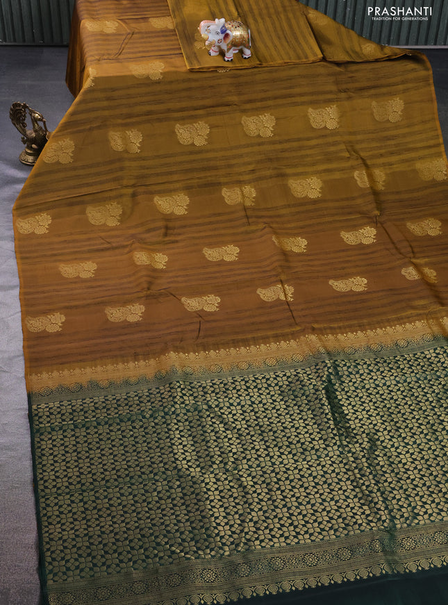 Kanchipuram silk saree mustard shade and bottle green with zari woven buttas & jute finish in borderless style