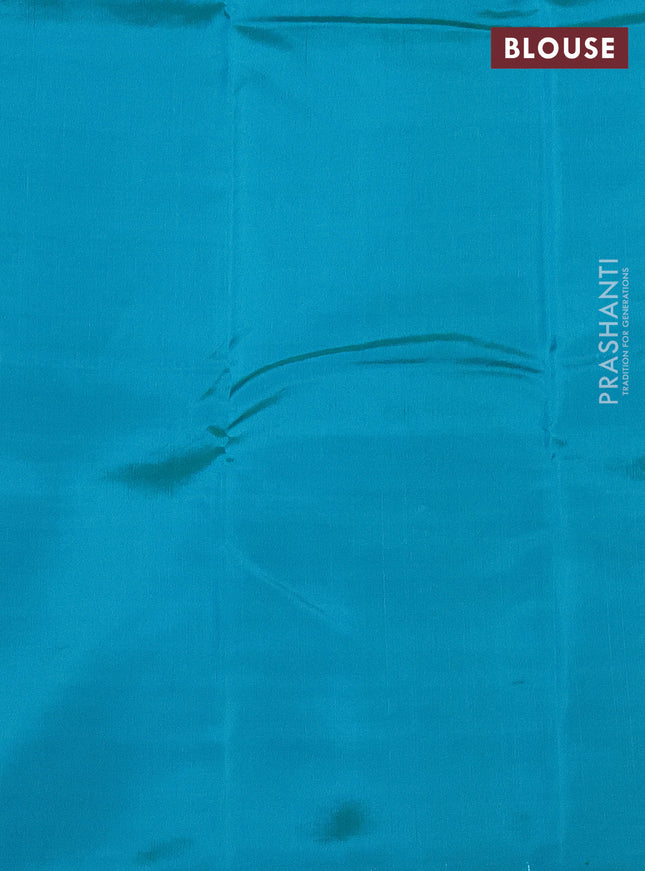 Kanchipuram silk saree yellow and teal green with allover zari weaves in borderless style