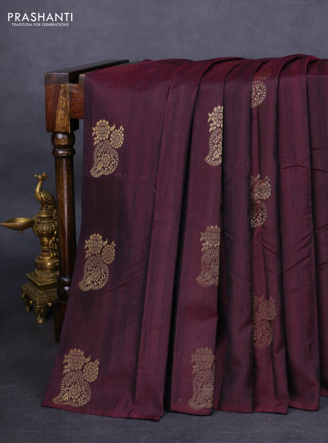 Kanchipuram silk saree wine shade and green with zari woven buttas & jute finish in borderless style