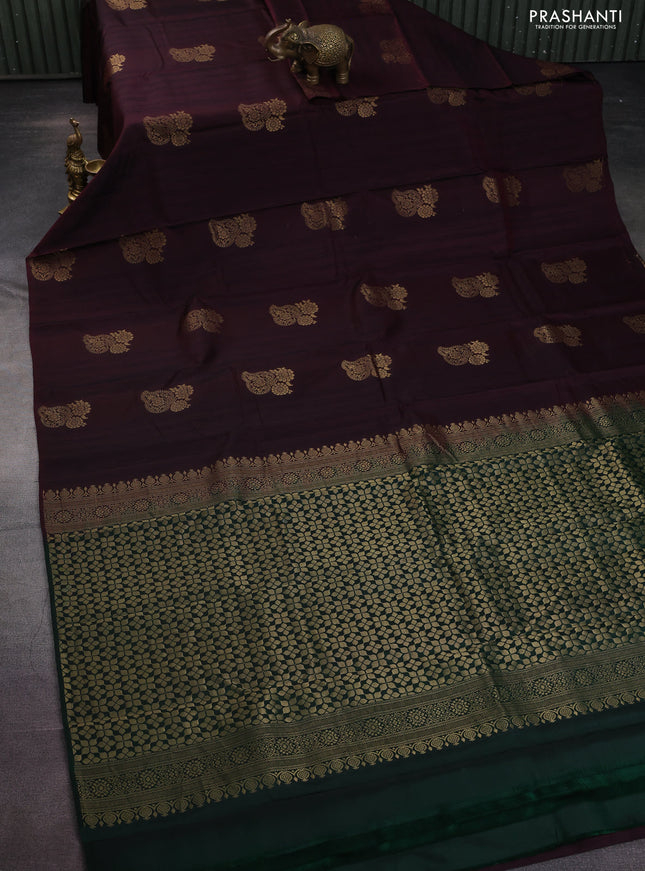 Kanchipuram silk saree wine shade and green with zari woven buttas & jute finish in borderless style