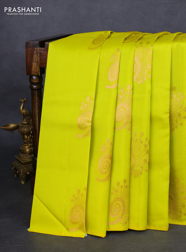 Kanchipuram silk saree lime yellow and grey with copper zari woven buttas in borderless style
