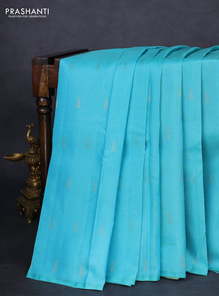 Kanchipuram silk saree light blue and pastel green with allover zari weaves in borderless style