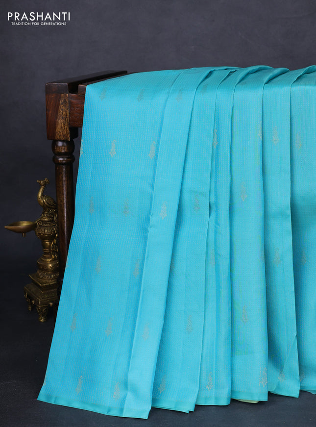 Kanchipuram silk saree light blue and pastel green with allover zari weaves in borderless style
