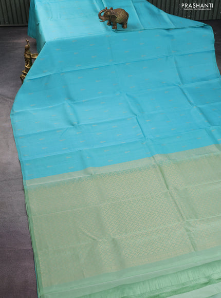 Kanchipuram silk saree light blue and pastel green with allover zari weaves in borderless style