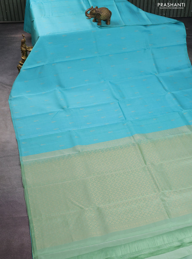 Kanchipuram silk saree light blue and pastel green with allover zari weaves in borderless style