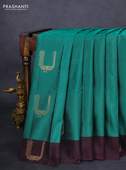 Kanchipuram silk saree teal green and brown with zari woven buttas and zari woven butta border