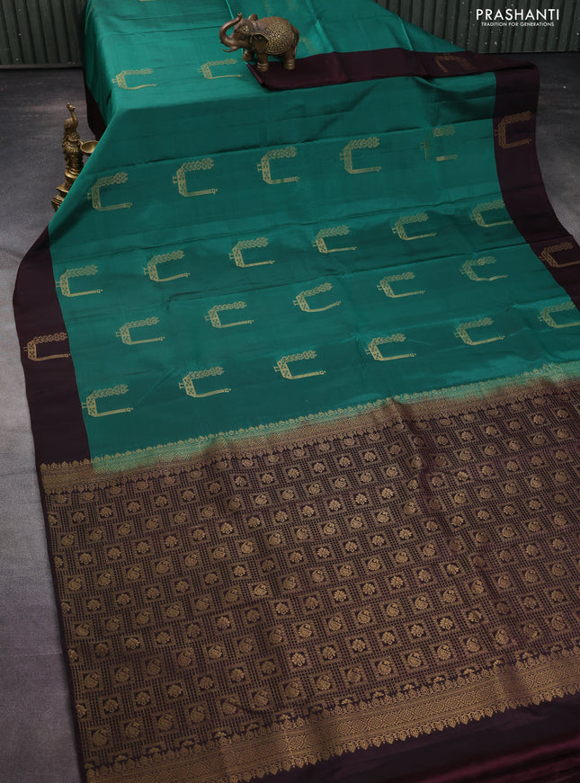 Kanchipuram silk saree teal green and brown with zari woven buttas and zari woven butta border