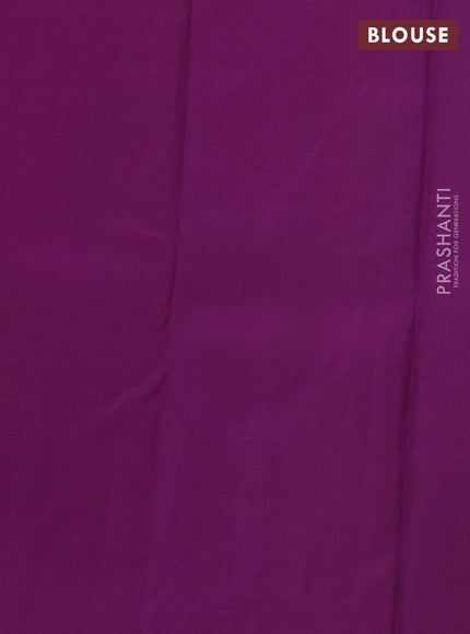 Kanchipuram silk saree mango yellow and purple with allover zari weaves in borderless style