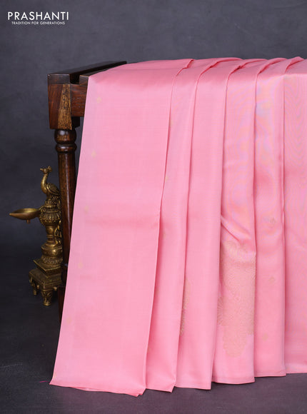 Kanchipuram silk saree pastel pink with zari woven buttas in borderless style
