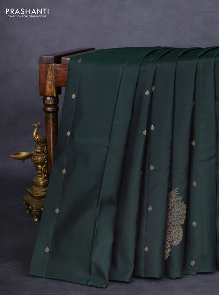 Kanchipuram silk saree bottle green with zari woven buttas in borderless style