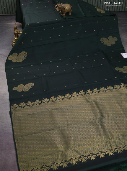 Kanchipuram silk saree bottle green with zari woven buttas in borderless style