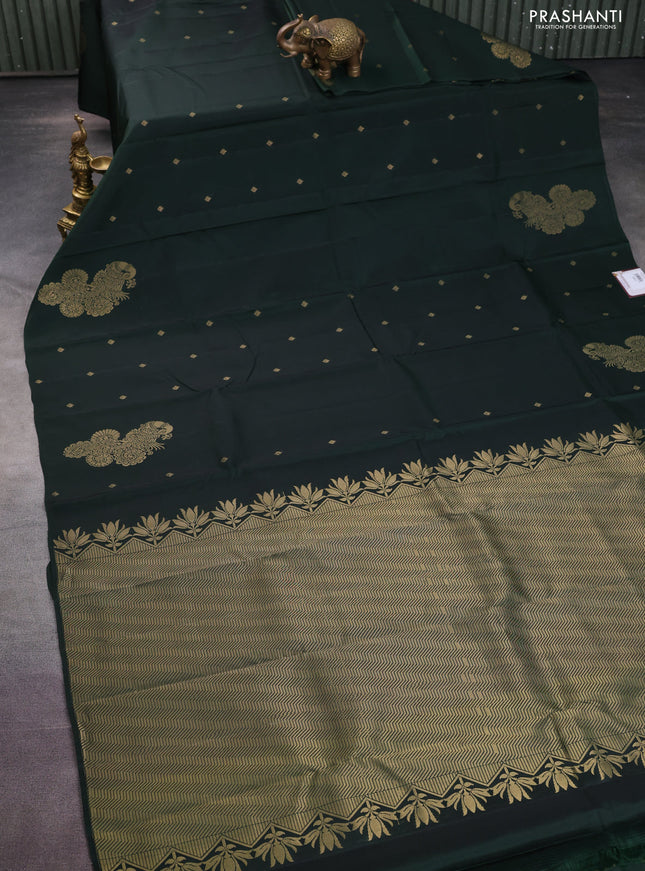 Kanchipuram silk saree bottle green with zari woven buttas in borderless style