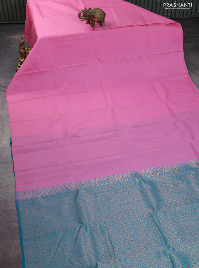 Kanchipuram silk saree light pink and green with allover zari weaves & buttas in borderless style