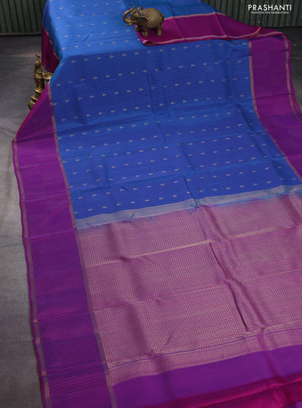 Kanchipuram silk saree cs blue and purple with allover zari weaves & buttas and rettapet zari woven border