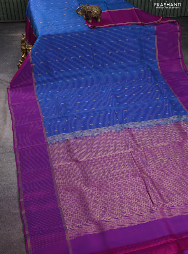 Kanchipuram silk saree cs blue and purple with allover zari weaves & buttas and rettapet zari woven border
