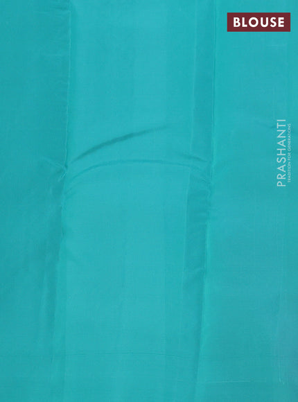 Kanchipuram silk saree light pink and teal green with copper zari woven floral buttas in borderless style