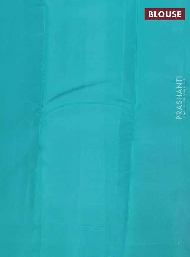 Kanchipuram silk saree light pink and teal green with copper zari woven floral buttas in borderless style